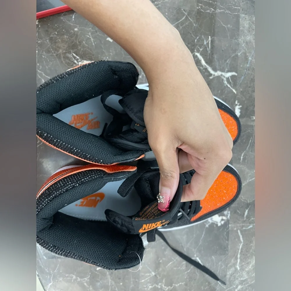 Custom Black, Orange & White Rhinstone Nike Air Jordan Sneakers, Men's 8/ Womens